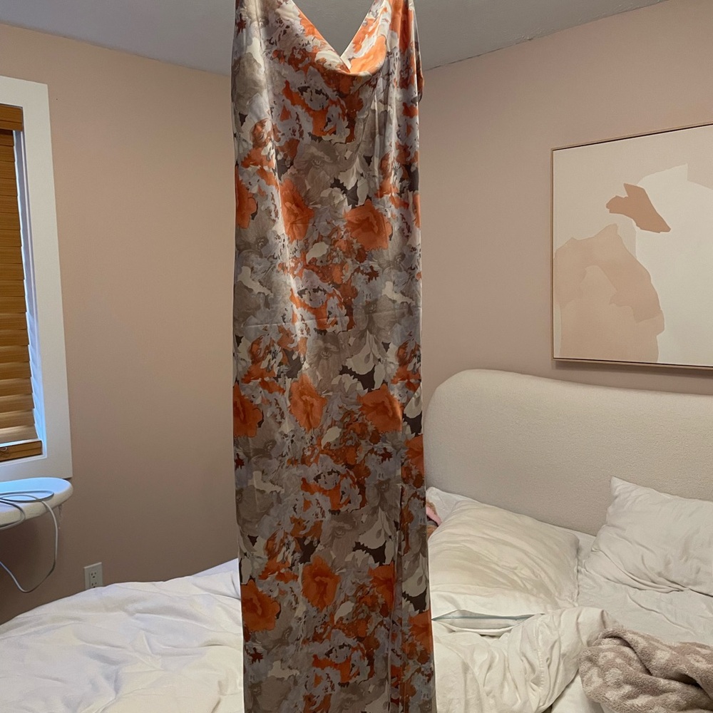 Floral Cowl Neck Satin Maxi Dress